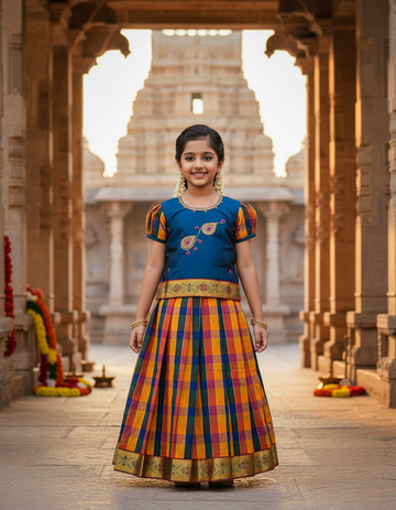 Kids teal blue top with orange navy yellow checked Palum Palam skirt pattu pavadai – Sri Thulir Tex