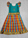 Kids teal blue top with blue orange red Palum Palam checked skirt pattu pavadai – Sri Thulir Tex
