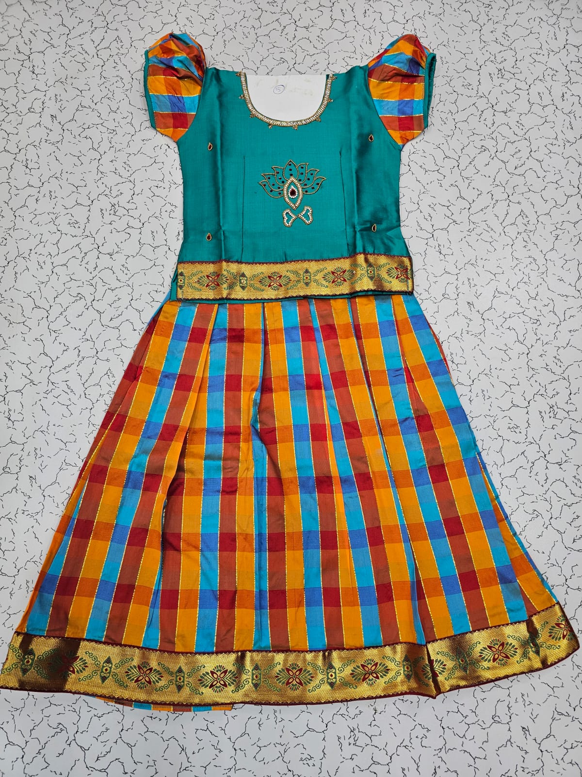 Kids teal blue top with blue orange red Palum Palam checked skirt pattu pavadai – Sri Thulir Tex