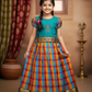 Kids teal blue top with blue orange red Palum Palam checked skirt pattu pavadai – Sri Thulir Tex