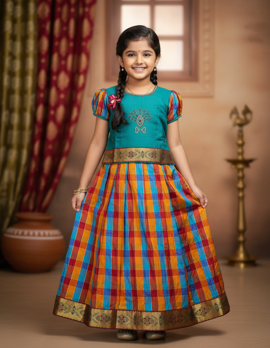 Kids teal blue top with blue orange red Palum Palam checked skirt pattu pavadai – Sri Thulir Tex