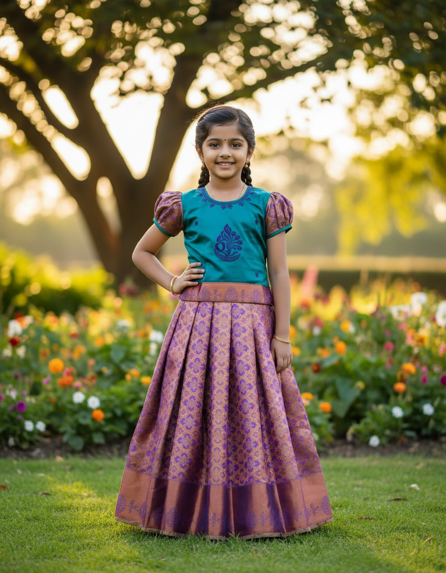 Kids teal green and purple-gold pattu pavadai set with puff sleeves and zari woven skirt from Sri Thulir Tex