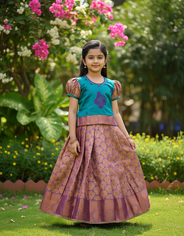 Kids teal green and purple pattu pavadai set with puff sleeve blouse and zari woven skirt from Sri Thulir Tex