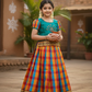 Kids teal green semi-silk top with orange blue checked Palum Palam skirt pattu pavadai – Sri Thulir Tex