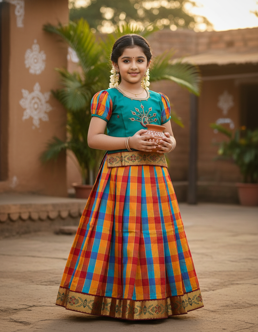 Kids teal green semi-silk top with orange blue checked Palum Palam skirt pattu pavadai – Sri Thulir Tex