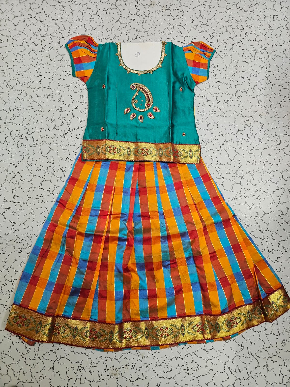 Kids teal green top with orange blue red Palum Palam checked skirt pattu pavadai – Sri Thulir Tex