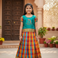 Kids teal green top with orange blue red Palum Palam checked skirt pattu pavadai – Sri Thulir Tex