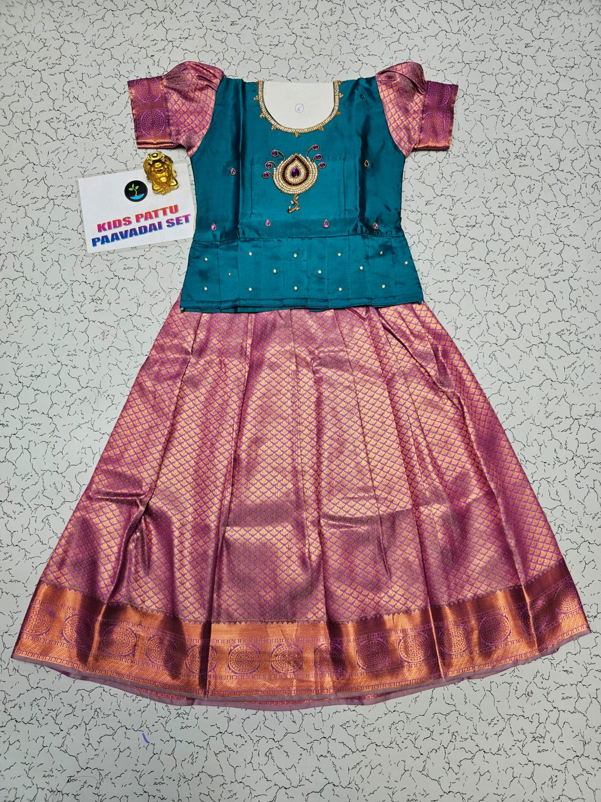 Kids Teal and Pink Pattu Pavadai Set with Semi Silk Top and Bridal Silk Skirt – Traditional South Indian Dress