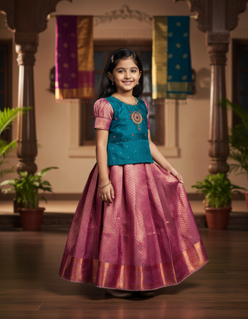 Kids Teal and Pink Pattu Pavadai Set with Semi Silk Top and Bridal Silk Skirt – Traditional South Indian Dress
