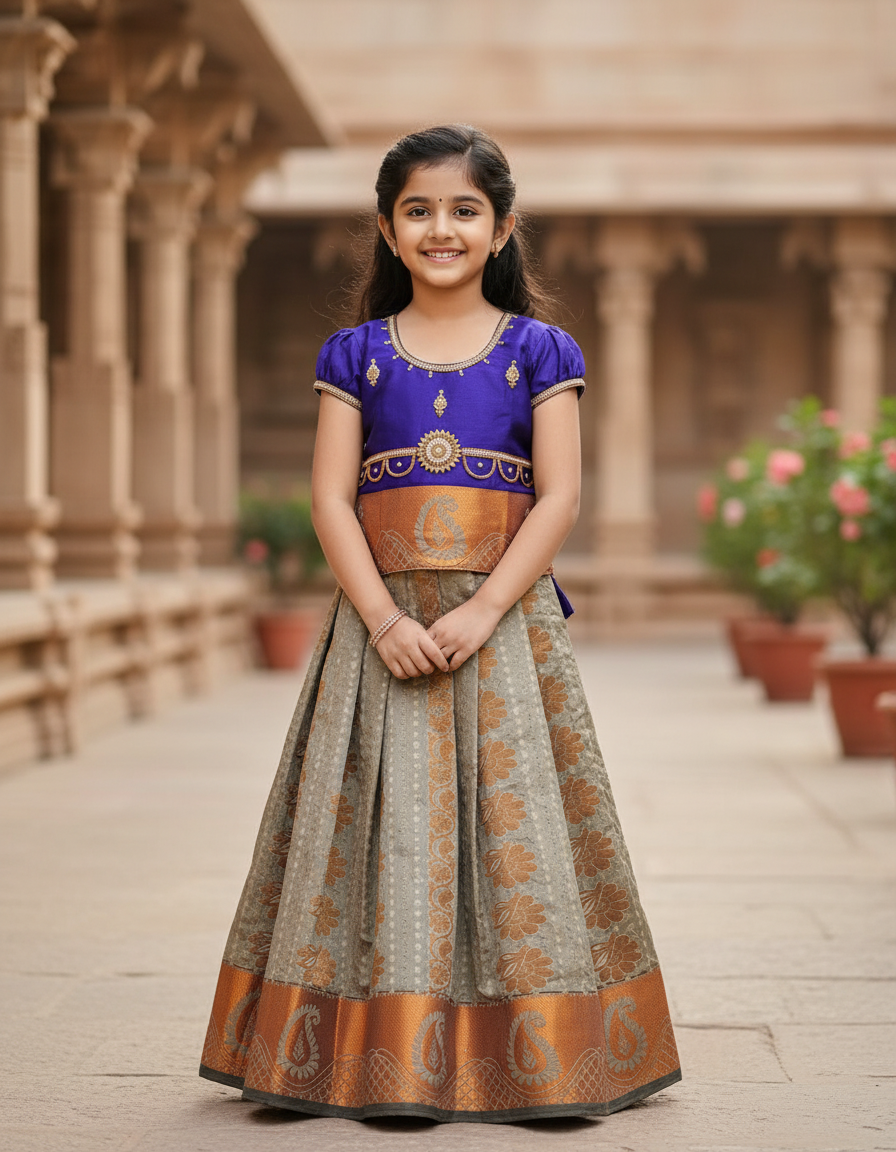 Kids Pattu Pavadai set with violet stone-work top and beige zari woven skirt from Sri Thulir Tex.