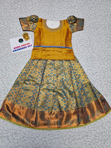 Kids Yellow and Blue Pattu Pavadai Set with Semi Silk Top and Bridal Silk Skirt – Traditional South Indian Dress