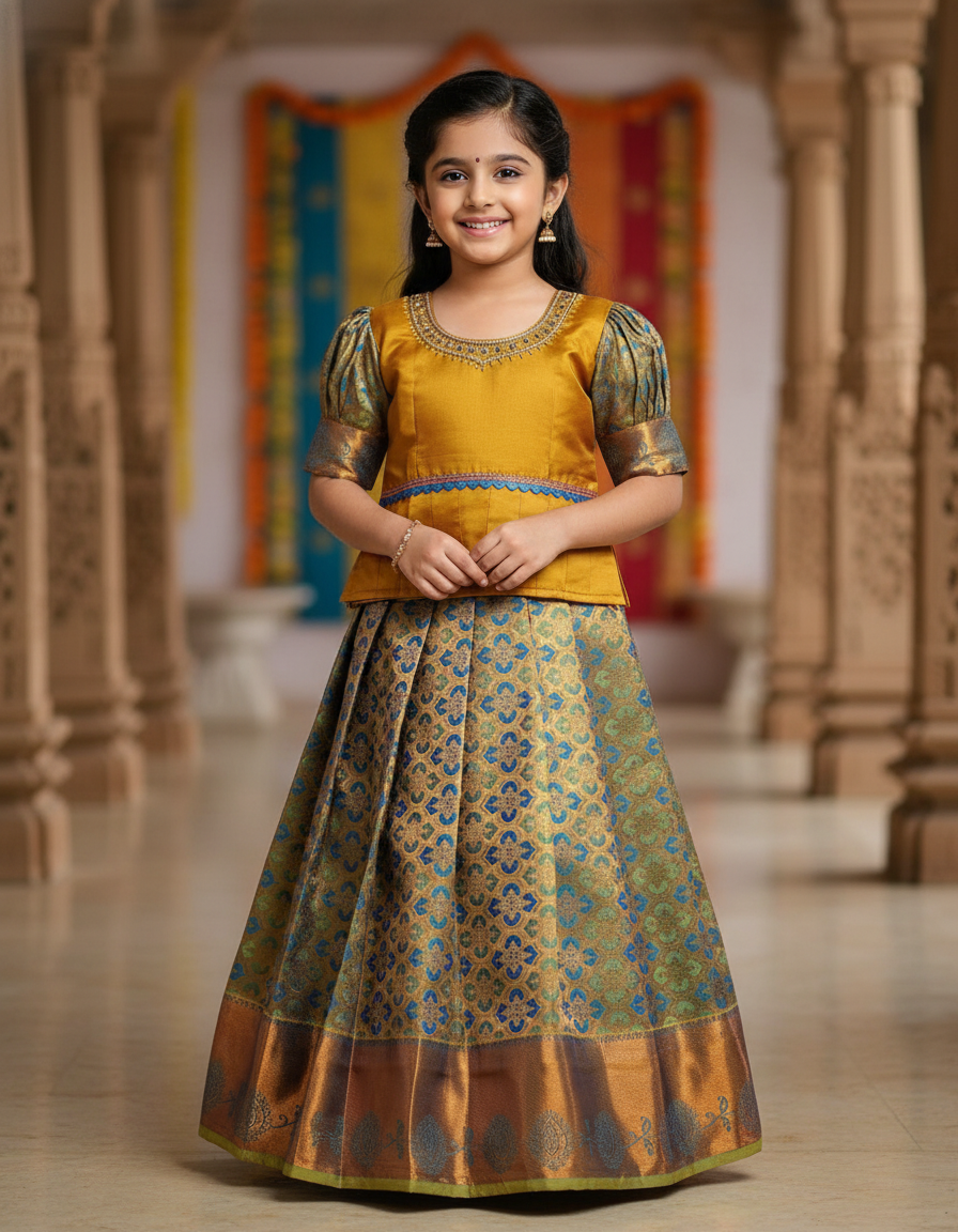 Kids Yellow and Blue Pattu Pavadai Set with Semi Silk Top and Bridal Silk Skirt – Traditional South Indian Dress