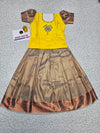 Kids Yellow and Copper Pattu Pavadai Set with Semi Silk Top and Bridal Silk Skirt – Traditional South Indian Dress