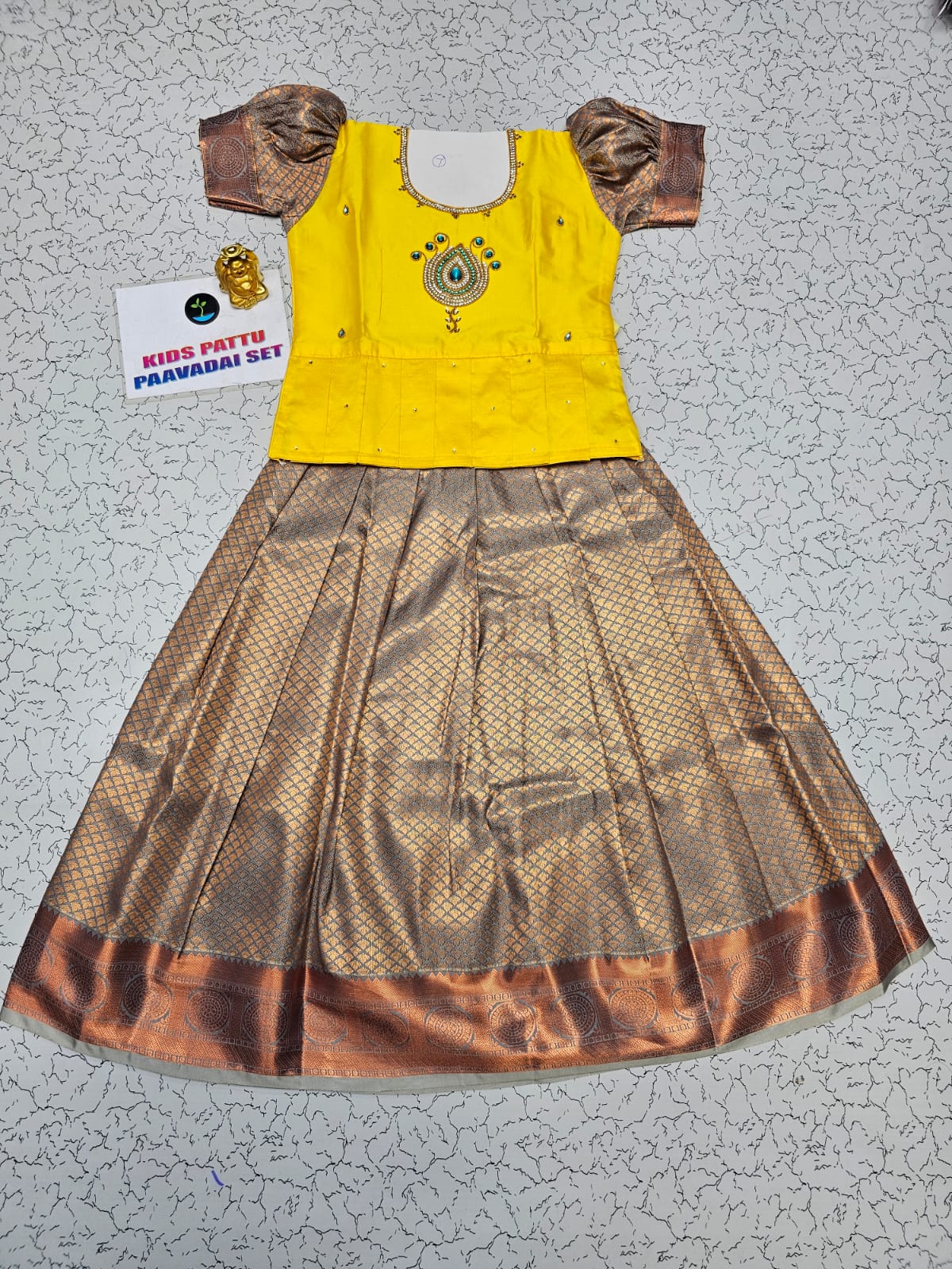 Kids Yellow and Copper Pattu Pavadai Set with Semi Silk Top and Bridal Silk Skirt – Traditional South Indian Dress