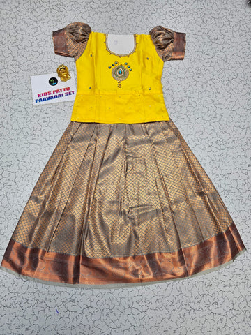 Kids Yellow and Copper Pattu Pavadai Set with Semi Silk Top and Bridal Silk Skirt – Traditional South Indian Dress