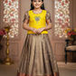 Kids Yellow and Copper Pattu Pavadai Set with Semi Silk Top and Bridal Silk Skirt – Traditional South Indian Dress