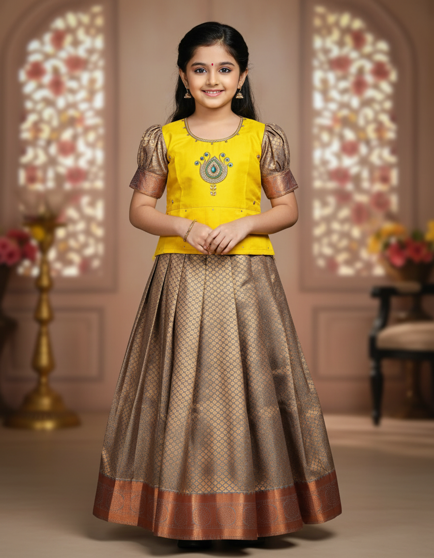 Kids Yellow and Copper Pattu Pavadai Set with Semi Silk Top and Bridal Silk Skirt – Traditional South Indian Dress