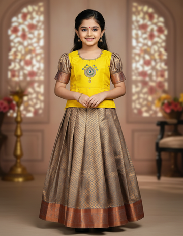 Kids Yellow and Copper Pattu Pavadai Set with Semi Silk Top and Bridal Silk Skirt – Traditional South Indian Dress