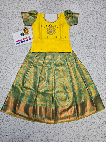 Kids Yellow and Green Pattu Pavadai Set with Semi Silk Top and Bridal Silk Skirt – Traditional South Indian Dress
