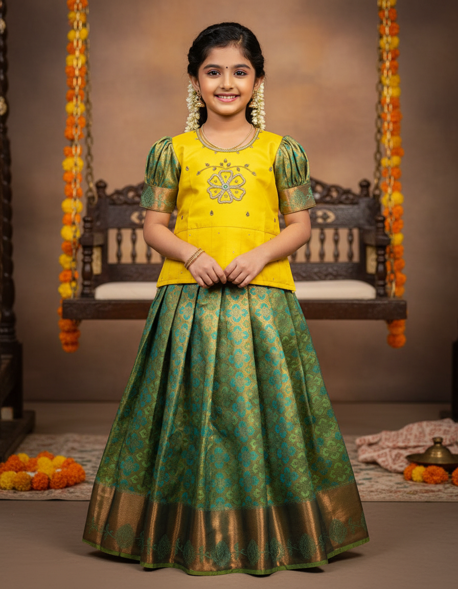 Kids Yellow and Green Pattu Pavadai Set with Semi Silk Top and Bridal Silk Skirt – Traditional South Indian Dress