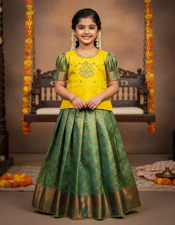 Kids Yellow and Green Pattu Pavadai Set with Semi Silk Top and Bridal Silk Skirt – Traditional South Indian Dress
