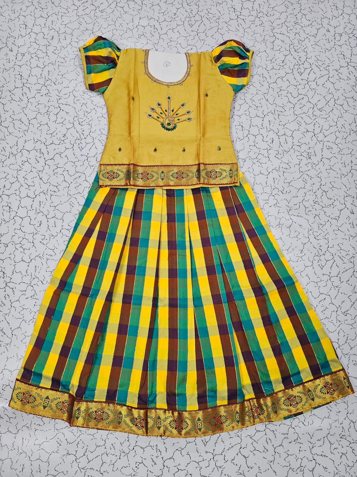 Kids yellow top with brown teal yellow Palum Palam checked pattu pavadai set – Sri Thulir Tex