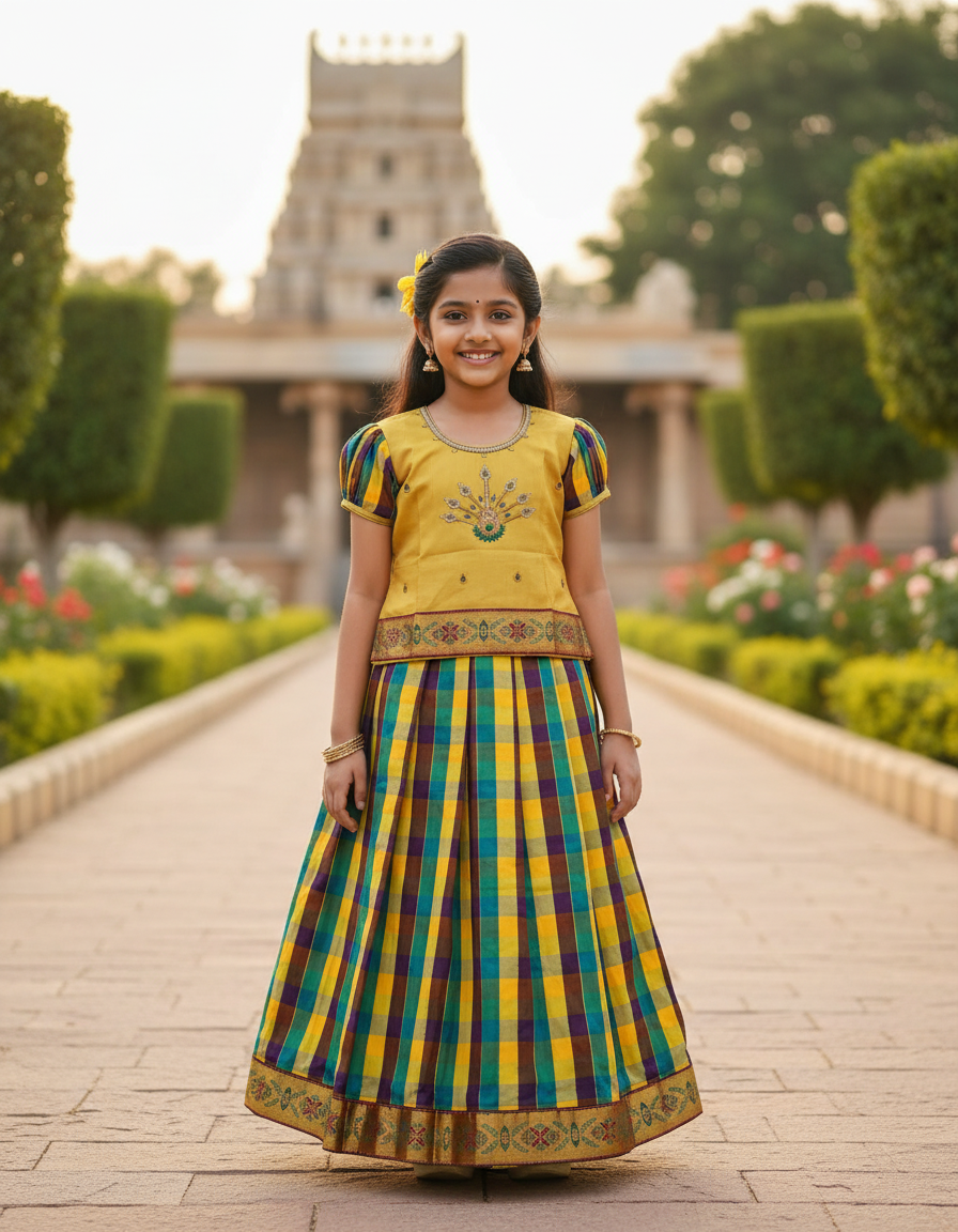 Kids yellow top with brown teal yellow Palum Palam checked pattu pavadai set – Sri Thulir Tex