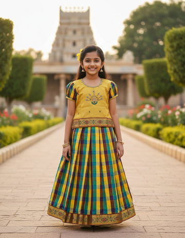 Kids yellow top with brown teal yellow Palum Palam checked pattu pavadai set – Sri Thulir Tex