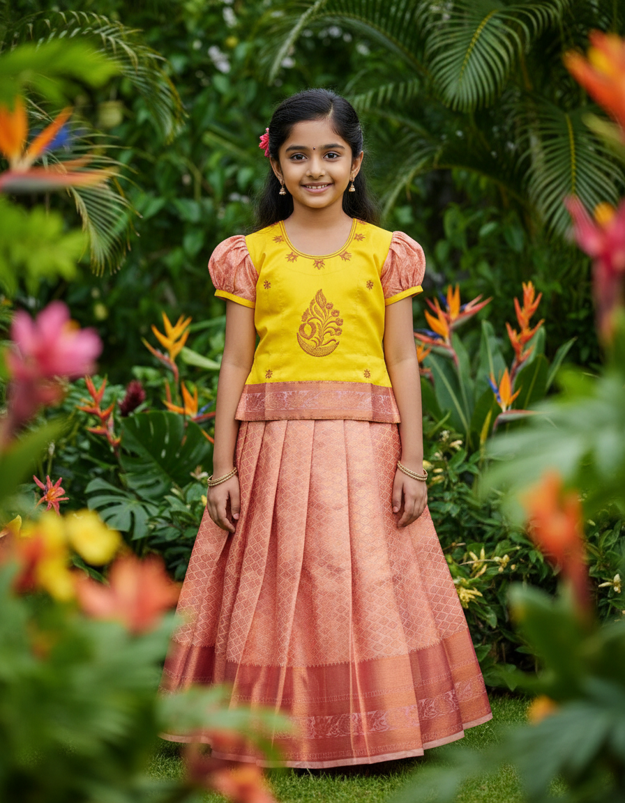 Kids yellow and peach pattu pavadai set with puff sleeve blouse and zari silk skirt from Sri Thulir Tex