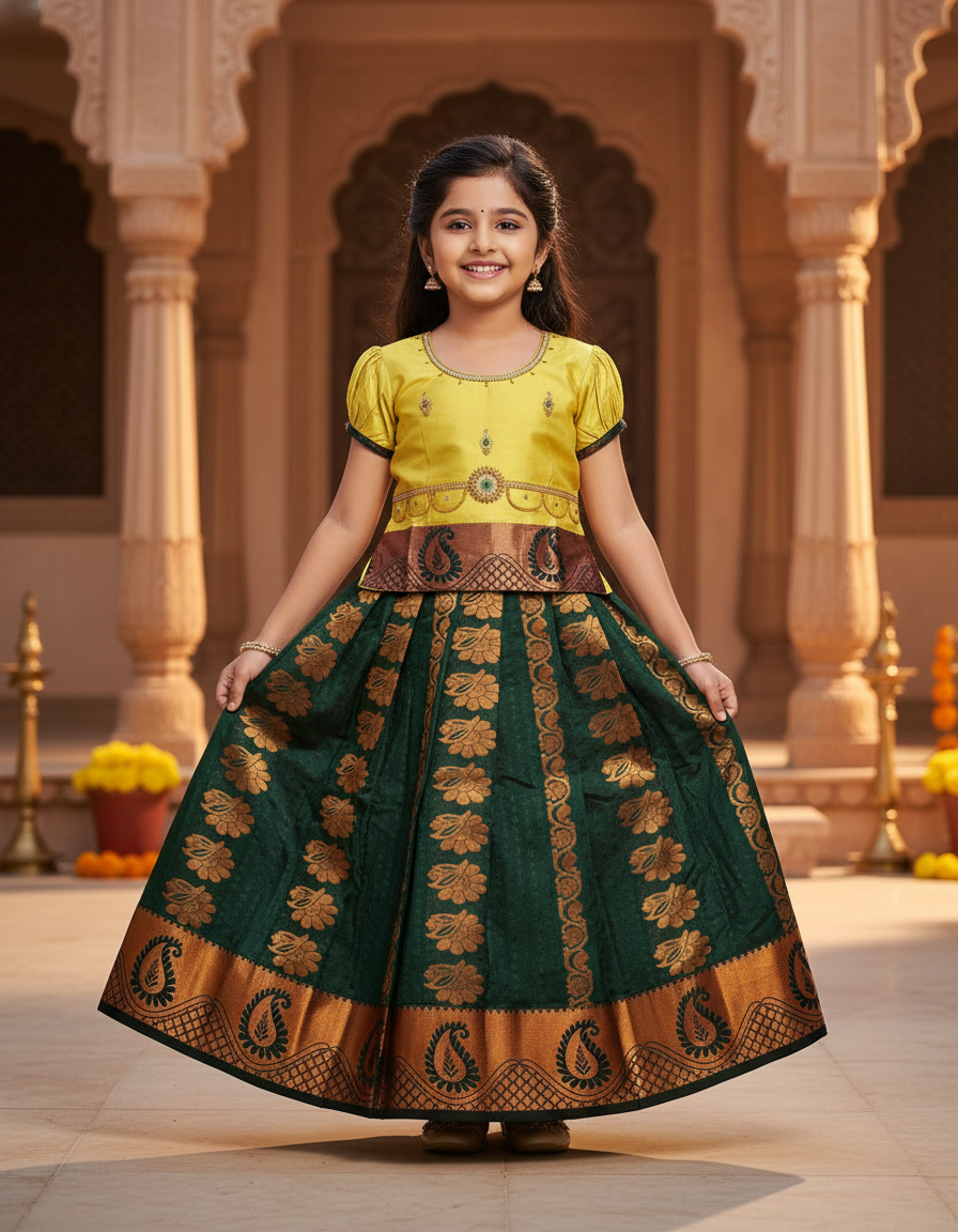 Kids Pattu Pavadai set with yellow stone-work top and dark green zari woven skirt from Sri Thulir Tex.