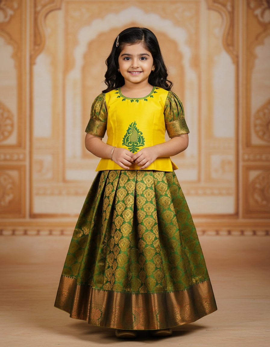 Kids yellow semi silk top with green bridal silk zari skirt – Pattu Pavadai Set – Sri Thulir Tex