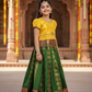 Kids Pattu Pavadai set with yellow stone-work top and green zari woven skirt from Sri Thulir Tex.
