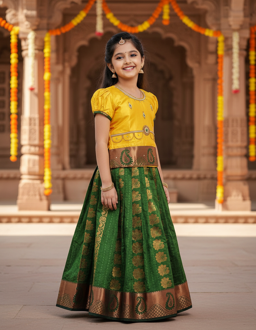 Kids Pattu Pavadai set with yellow stone-work top and green zari woven skirt from Sri Thulir Tex.