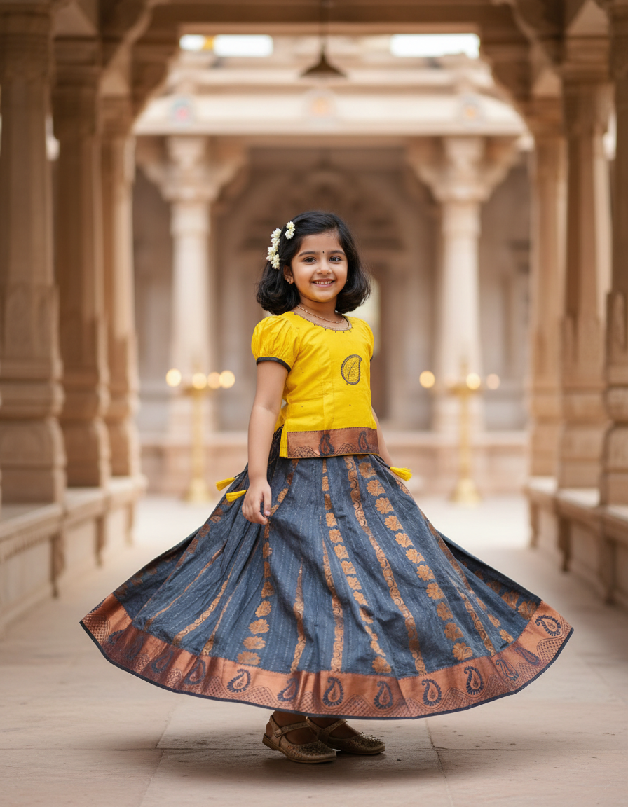 Kids Pattu Pavadai set with yellow stone-work top and grey zari woven skirt from Sri Thulir Tex.