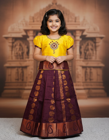 Kids yellow top and maroon emboss skirt pattu pavadai set – Sri Thulir Tex