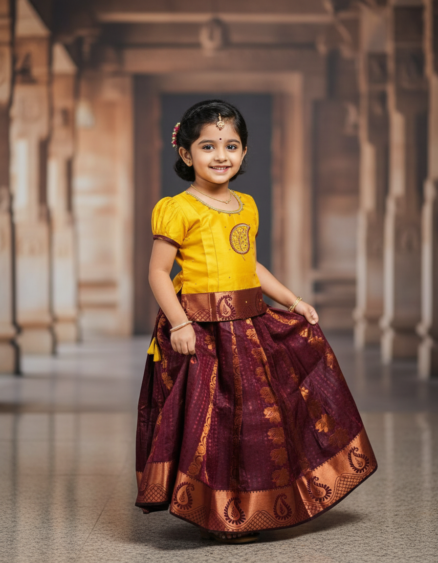 Kids Pattu Pavadai set with yellow stone-work top and maroon zari woven skirt from Sri Thulir Tex.