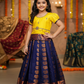 Kids yellow top and navy blue emboss skirt pattu pavadai set – Sri Thulir Tex