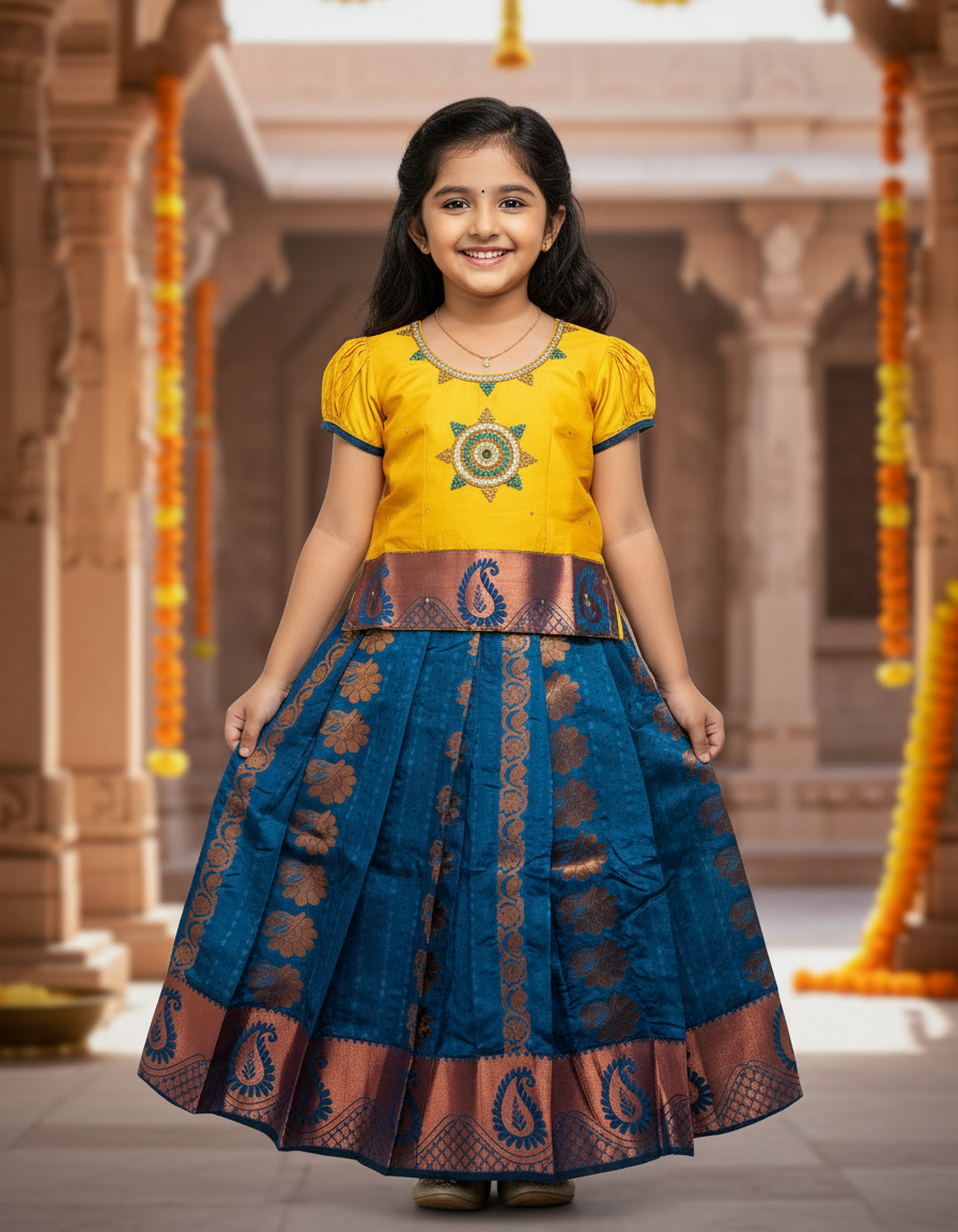 Kids pattu pavadai with yellow top and peacock blue emboss skirt – Sri Thulir Tex