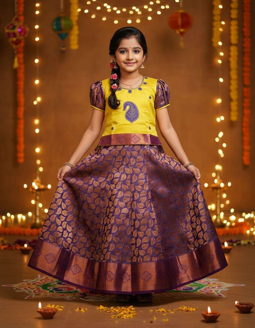 Kids pattu pavadai set with yellow semi-silk top and purple leaf patterned silk skirt by Sri Thulir Tex