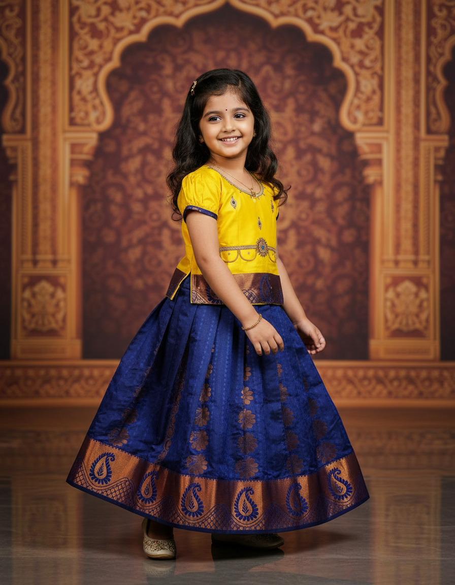 Kids pattu pavadai with yellow top and royal blue emboss skirt – Sri Thulir Tex