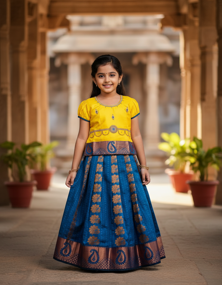 Kids pattu pavadai with yellow top and royal blue emboss skirt – Sri Thulir Tex