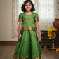 Light green semi silk pattu pavadai for girls with puff sleeves and gold zari border – Sri Thulir Tex