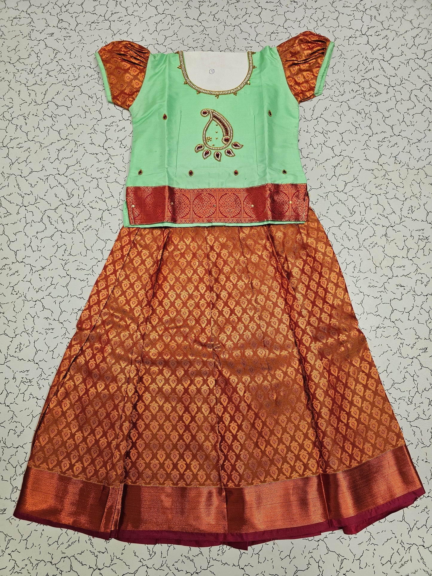 Mint green and maroon silk pattu pavadai for kids with puff sleeves and stone work neckline – Sri Thulir Tex traditional South Indian wear