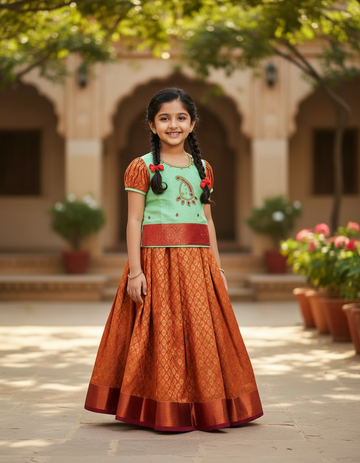 Mint green and maroon silk pattu pavadai for kids with puff sleeves and stone work neckline – Sri Thulir Tex traditional South Indian wear
