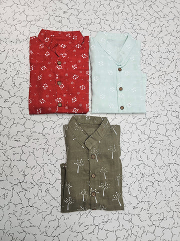 Pack of 3 multi-printed muslin button jabla tops for 6–12 month babies in red, mint green, and olive – Sri Thulir Tex