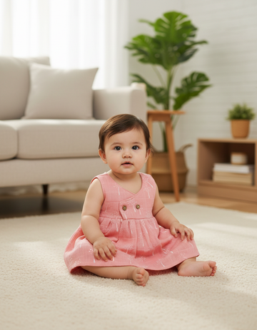 Pink muslin baby jabla frock with white print and button design for 0–6 months – Sri Thulir Tex