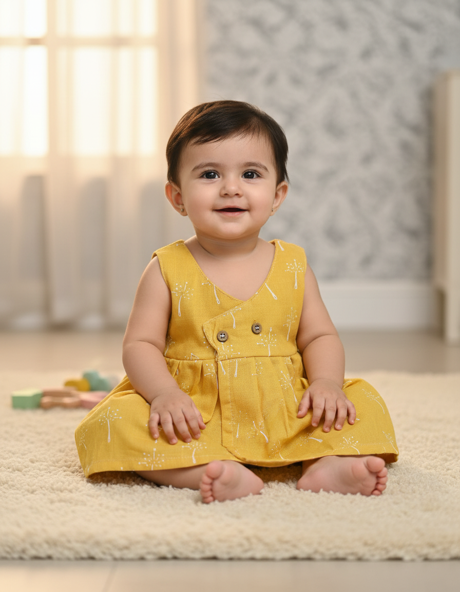 Yellow muslin jabla frock with white print and front buttons for newborns – Sri Thulir Tex
