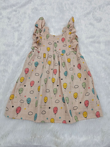 Beige muslin baby frock with balloon and clouds print and butterfly sleeves front open design – Sri Thulir Tex