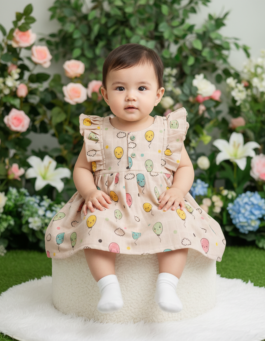 Beige muslin baby frock with balloon and clouds print and butterfly sleeves front open design – Sri Thulir Tex