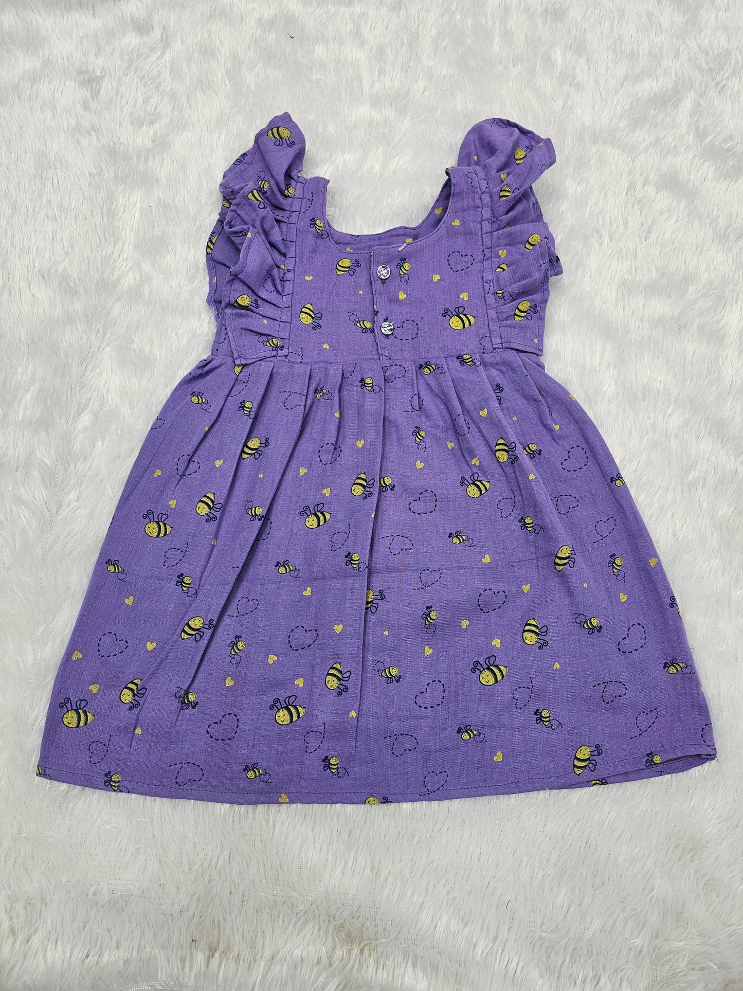 Purple muslin baby frock with bee print and butterfly sleeves front open design – Sri Thulir Tex